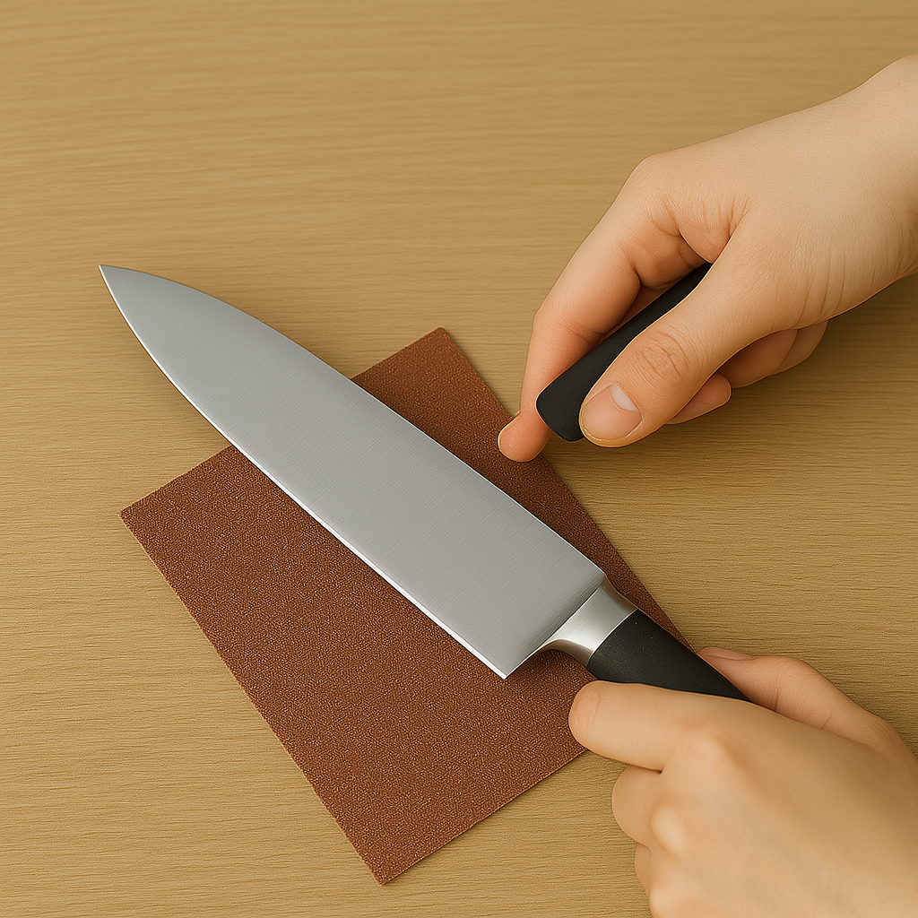 한손은 목공용 사포 끝을 잡고, 다른 손은 주방칼을 잡아 사포 위에서 칼날을 살살 밀어주는 모습