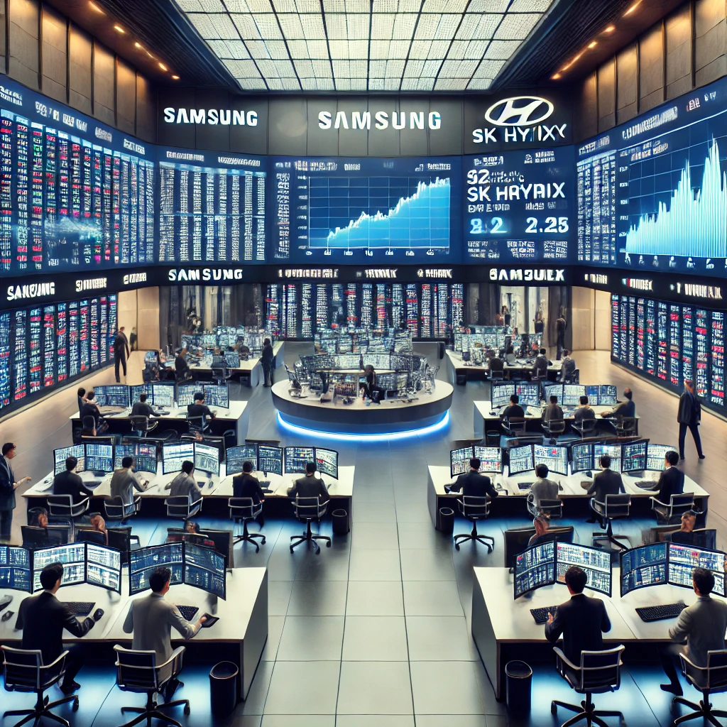 "2025년 한국 주식시장 거래시간 연장 후, 실시간 주식 데이터가 표시된 대형 스크린과 활발히 거래하는 트레이더들"
