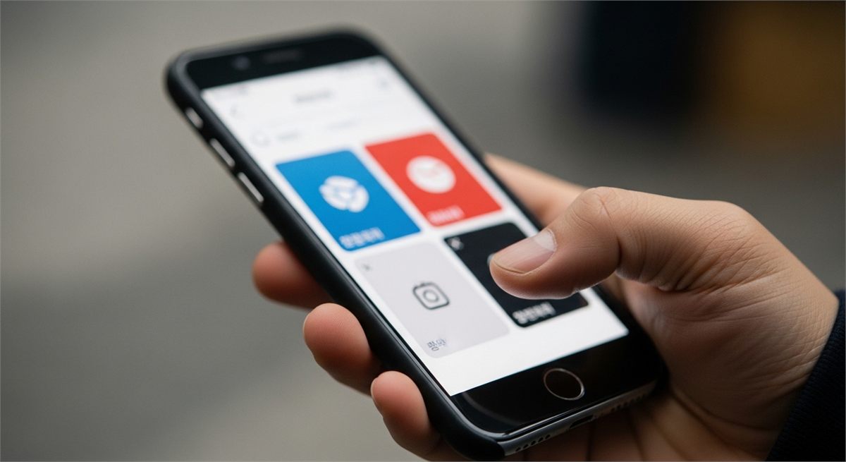 손에 든 스마트폰으로 온라인 신청 화면을 확인하는 클로즈업 장면 