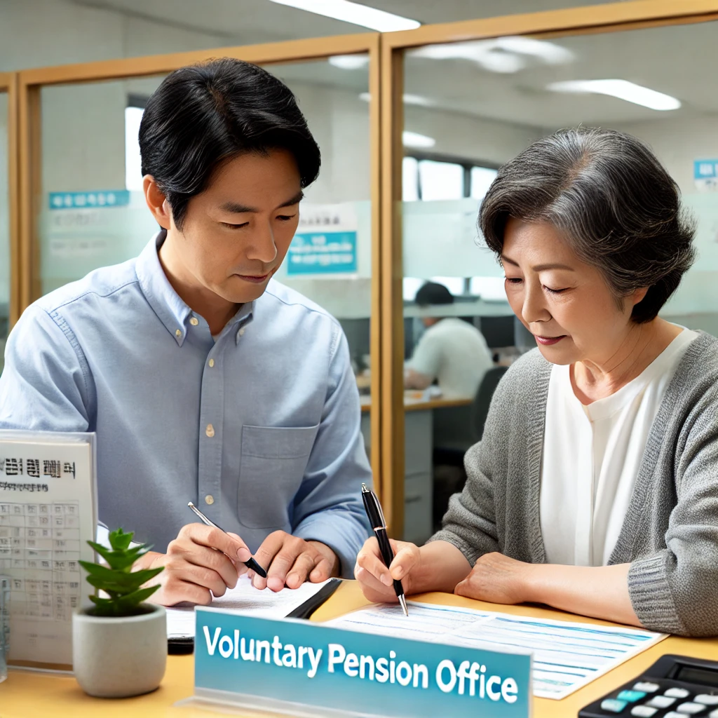 임의가입자 - 중년의 한국 여성이 연금 사무실에서 직원의 도움을 받아 서류를 작성하고 있습니다.