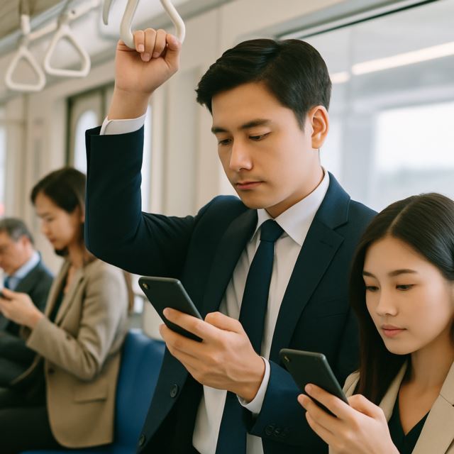 출퇴근길 스마트폰을 활용하는 현대인의 모습 이미지