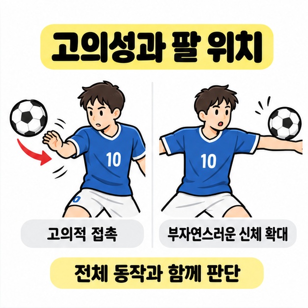 고의적 접촉과 팔로 몸을 부자연스럽게 크게 만든 상황을 나란히 비교한 그림