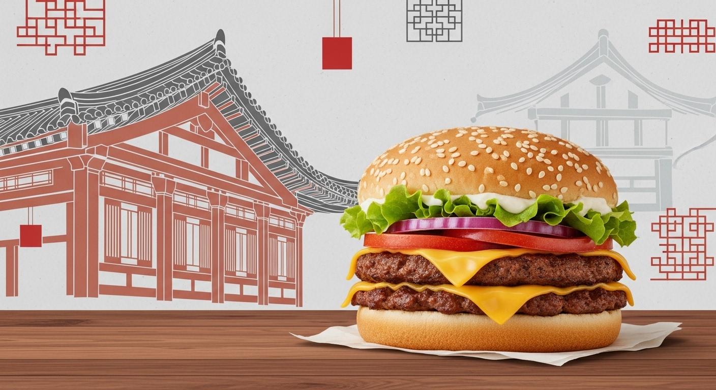 현대적인 햄버거 광고 배경에 한국 전통 단청 문양이 세련되게 어우러진 이미지