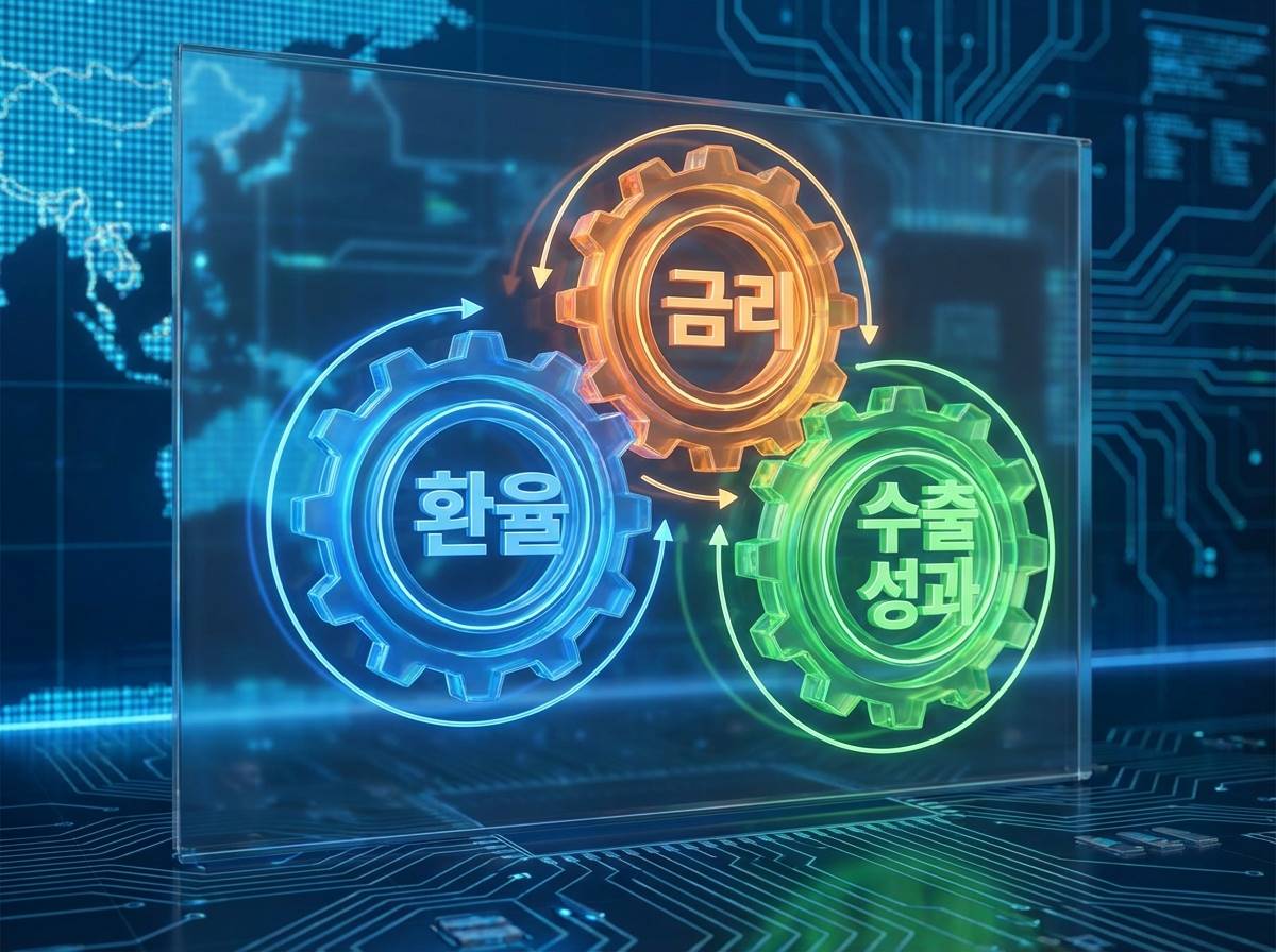 환율, 금리, 수출 실적 세 가지 요소가 톱니바퀴처럼 맞물려 돌아가는 입체적인 인포그래픽 디자인