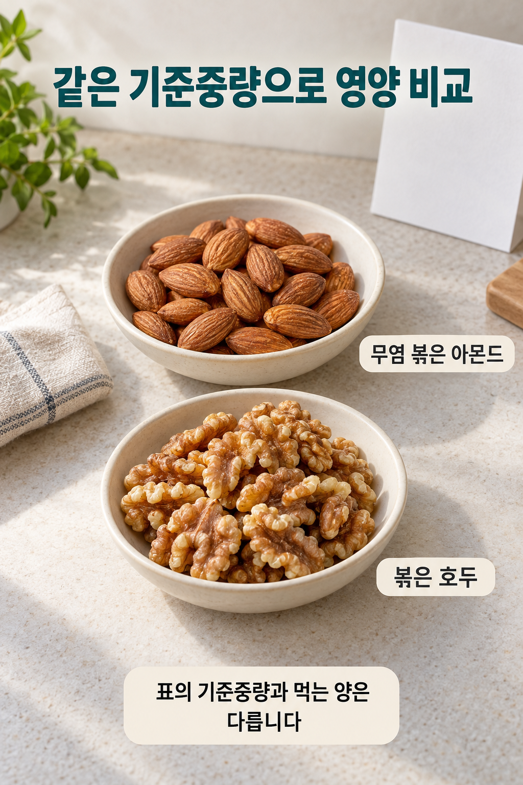 무염 볶은 아몬드와 볶은 호두를 나눠 담고 기준중량과 먹는 양을 구분한 설명