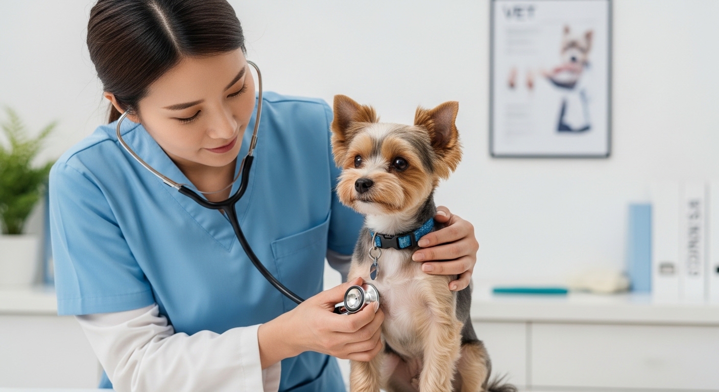 수의사가 비바 테리어의 무릎 관절을 부드럽게 검사하는 모습. 건강 검진의 중요성을 보여주는 이미지.