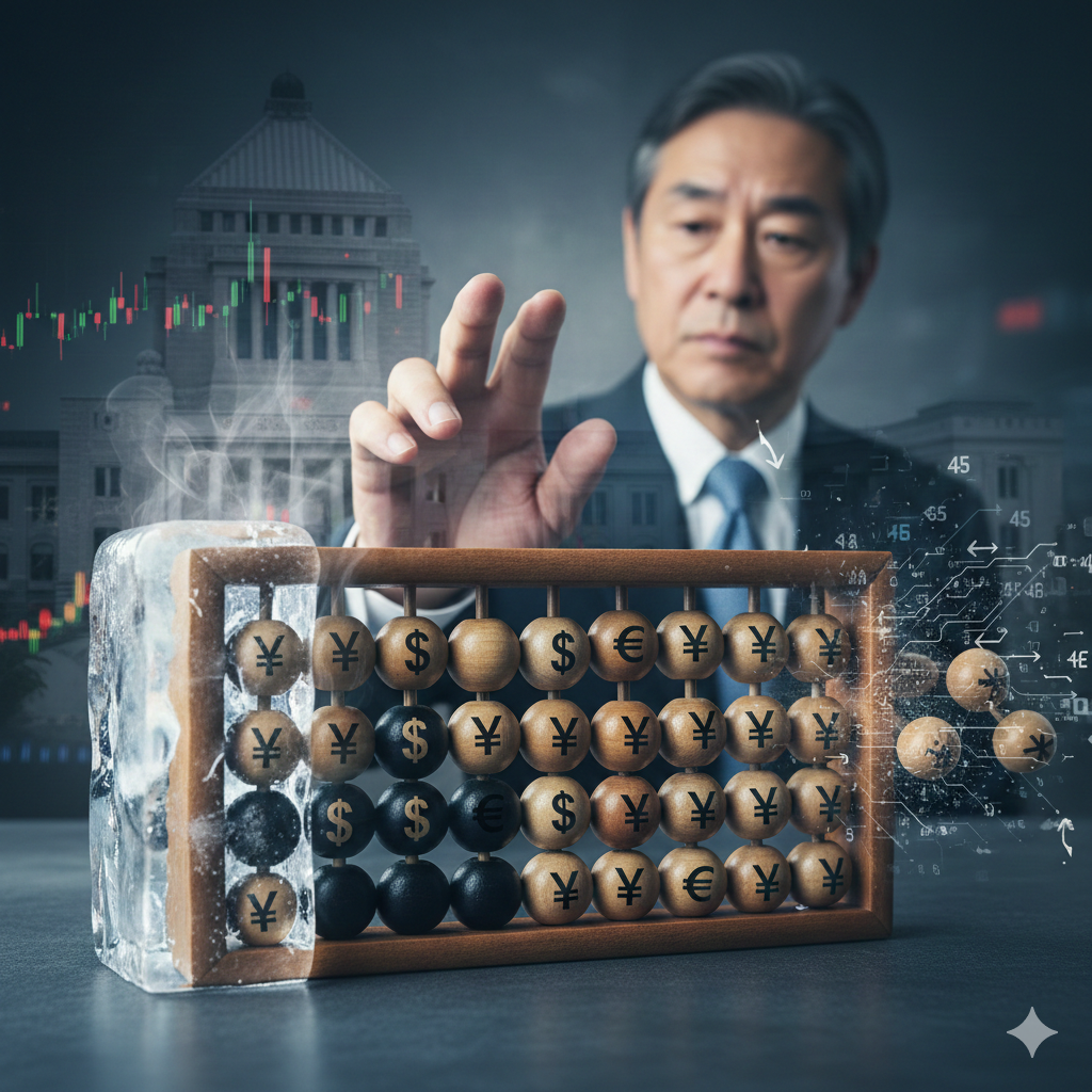 이미지 중앙에는 정장을 입은 중년 남성이 신중한 표정으로 앞을 응시하며 오른손을 허공에 뻗고 있습니다. 그의 앞에는 나무로 된 주판이 놓여 있는데, 주판알에는 엔화(&yen;), 달러($), 유로(&euro;) 기호가 새겨져 있습니다. 주판의 왼쪽 부분은 투명한 얼음 덩어리에 갇혀 있고 차가운 수증기가 피어오르고 있어, 일본의 오랜 '금리 동결'과 '결빙된 경제 상태'를 시각적으로 보여줍니다. 주판의 오른쪽에서는 일부 알들이 빛을 내며 튕겨 나가고 있으며, 배경에는 일본 국회의사당의 실루엣과 요동치는 주식 시장의 캔들차트가 겹쳐져 긴박한 금융 시장의 분위기를 전달합니다.
