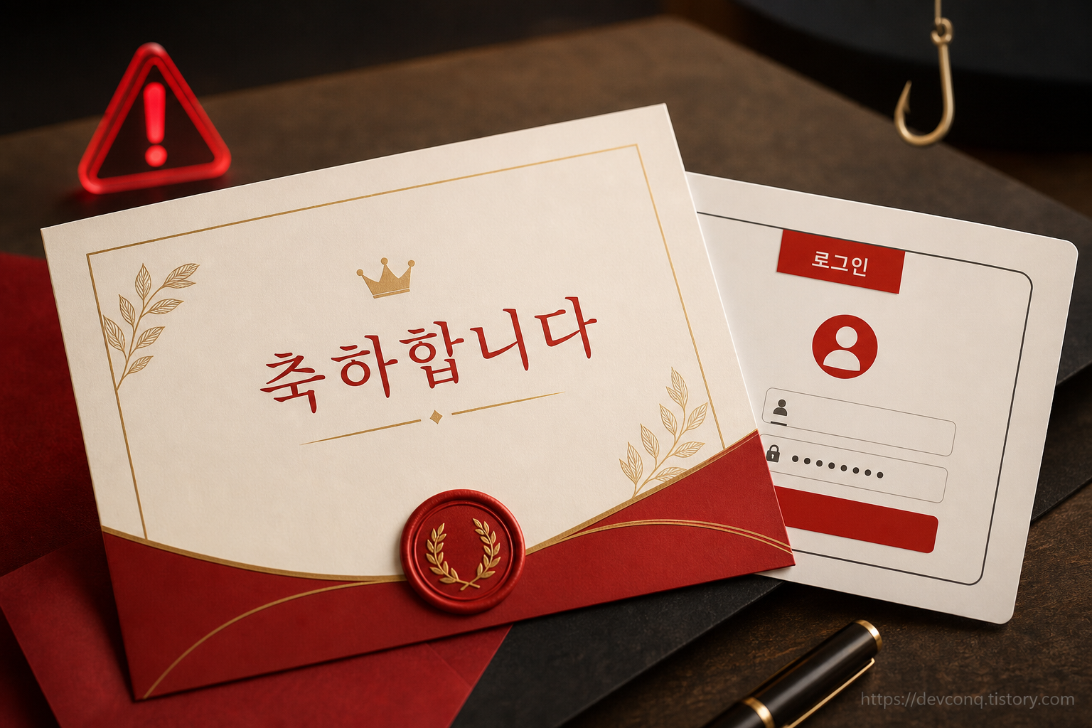 축하 초대장 뒤에 가짜 로그인 화면이 숨어 있는 장면