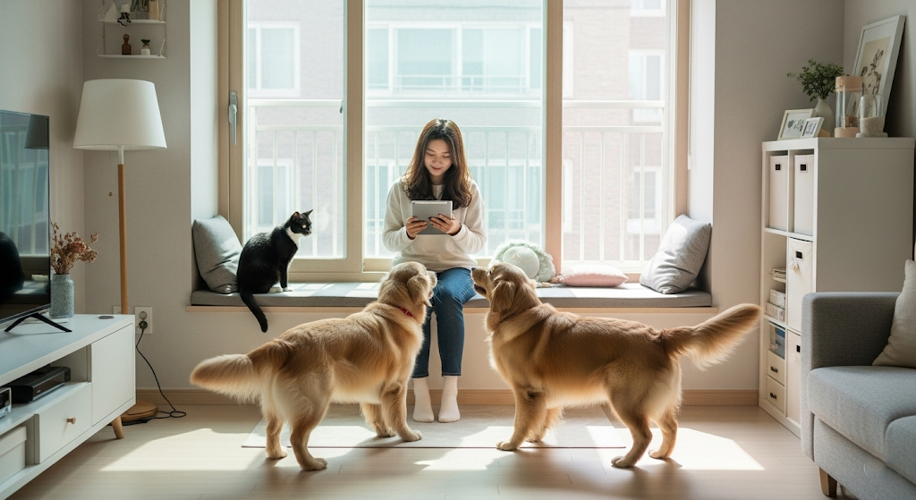 강아지 두 마리와 고양이 한 마리를 함께 키우는 한국 가정