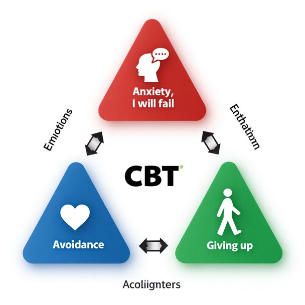 삼각형 구조의 인포그래픽
세 꼭짓점에 생각(Thoughts), 감정(Emotions), 행동(Behaviors)의 이미지가 배치된 그림