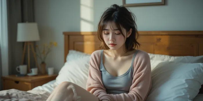 침대에서 졸린 표정으로 일어난 여성