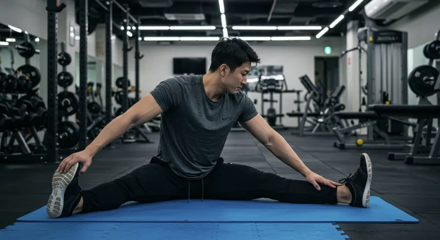 요가매트에서 스트레칭을 하고 있는 남성 이미지