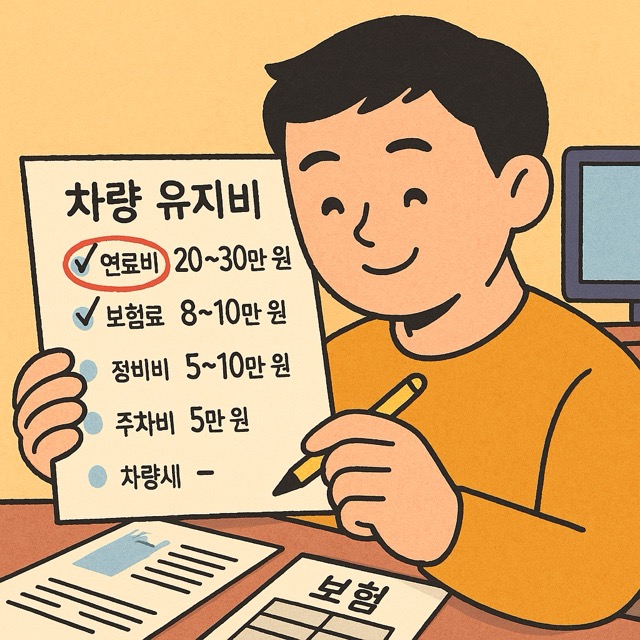 차량 유지비 내역을 확인하며 연료비와 보험료에 동그라미를 치는 주인공