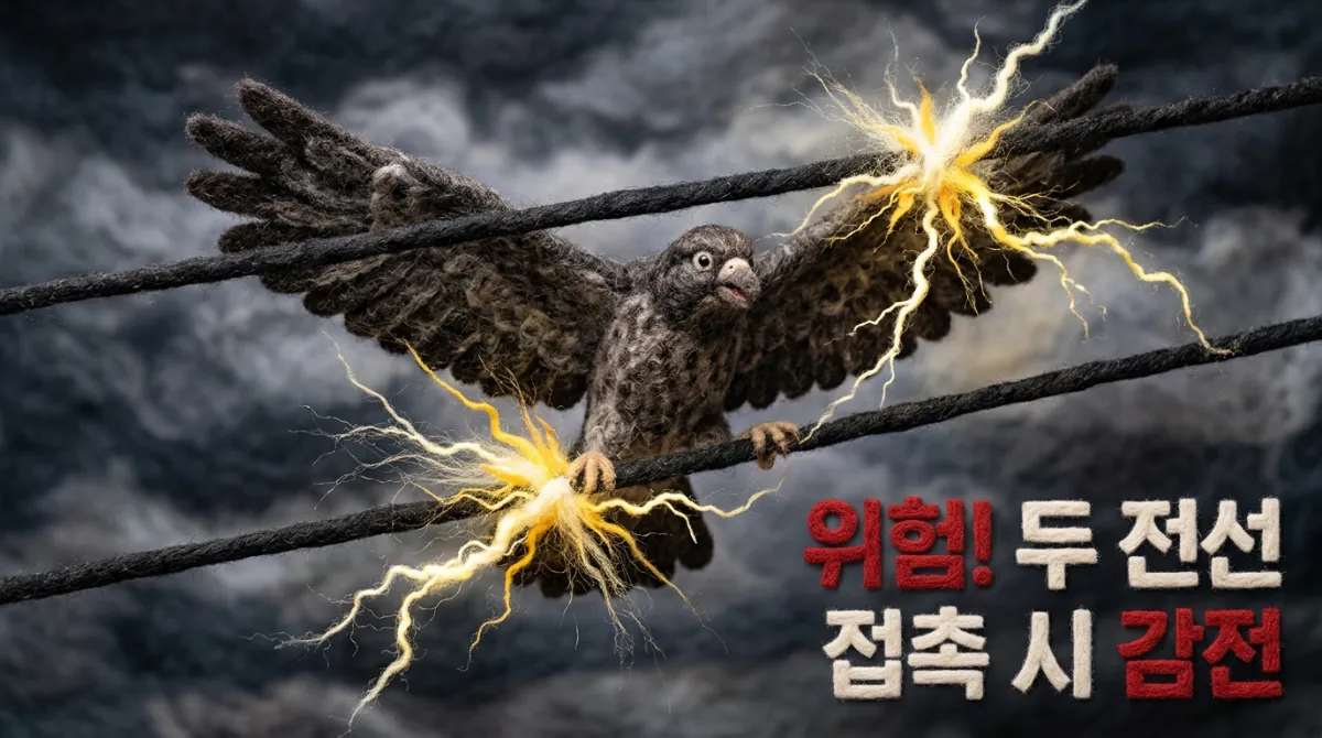 두 전선을 동시에 접촉한 큰 새가 감전되는 위험 상황을 표현한 니들 펠트 스타일 경고 일러스트