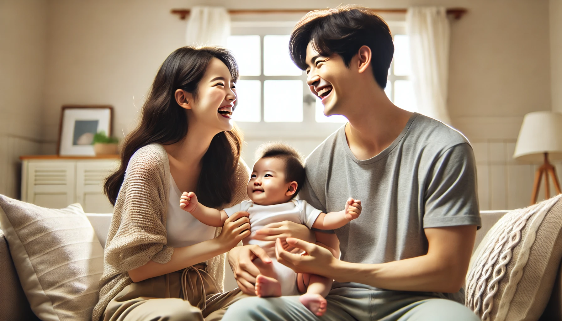 한국,-실내,-아기를-사이에-두고-마주본-30대-엄마-아빠-웃고있는,- 가로사진-0１