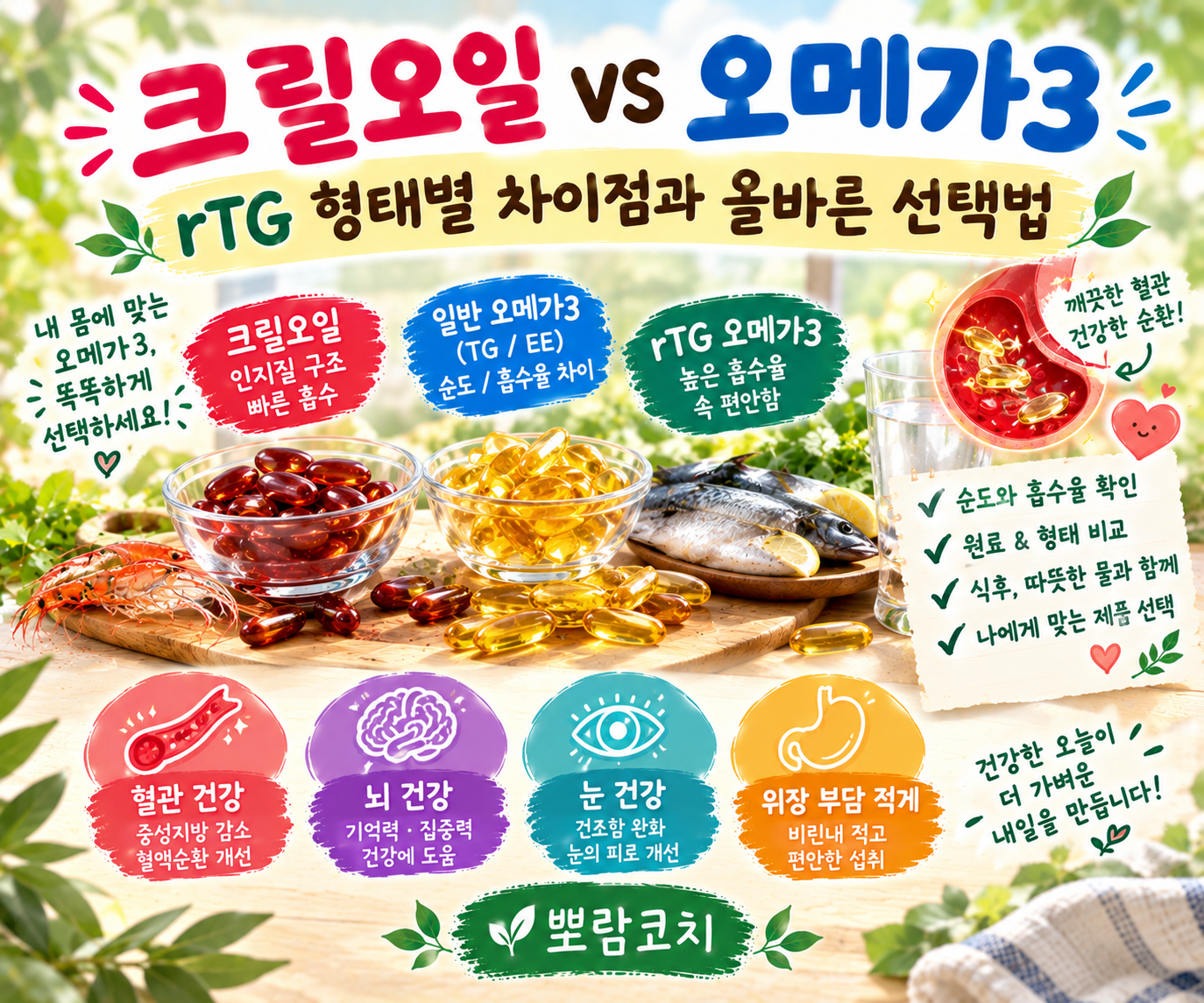투명하고 깨끗한 rTG 오메가3 캡슐과 신선한 등푸른생선 식탁