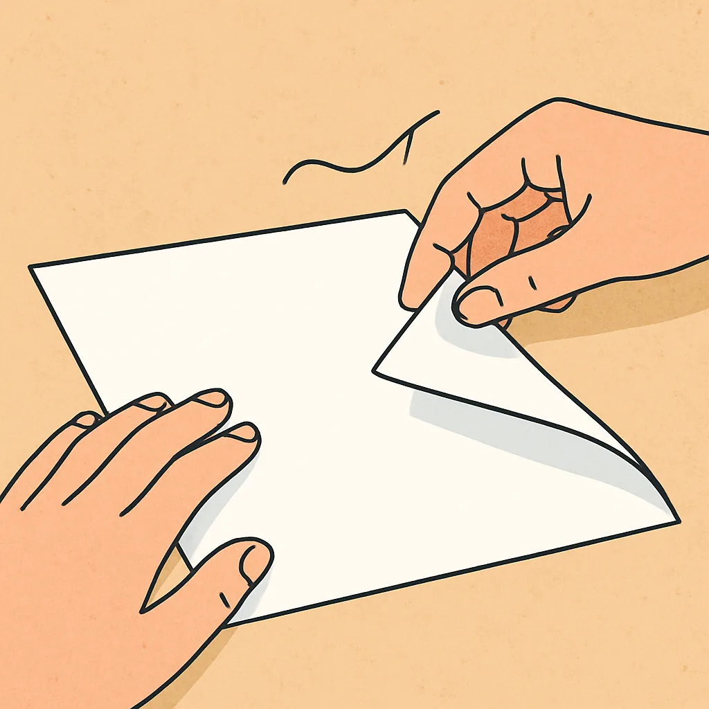 종이를-접을-때-한쪽만-삐뚤어지는-모습을-표현한-일러스트-한-손은-종이를-잡고-다른-손은-접는-동작을-하며-접힌-선이-약간-어긋난-장면