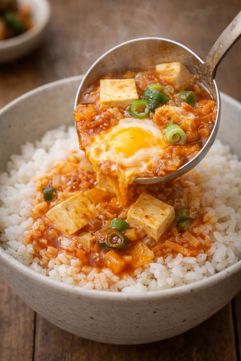 밥이 담긴 그릇에 김치두부국을 부어 국밥으로 먹는 1인분 서빙 장면