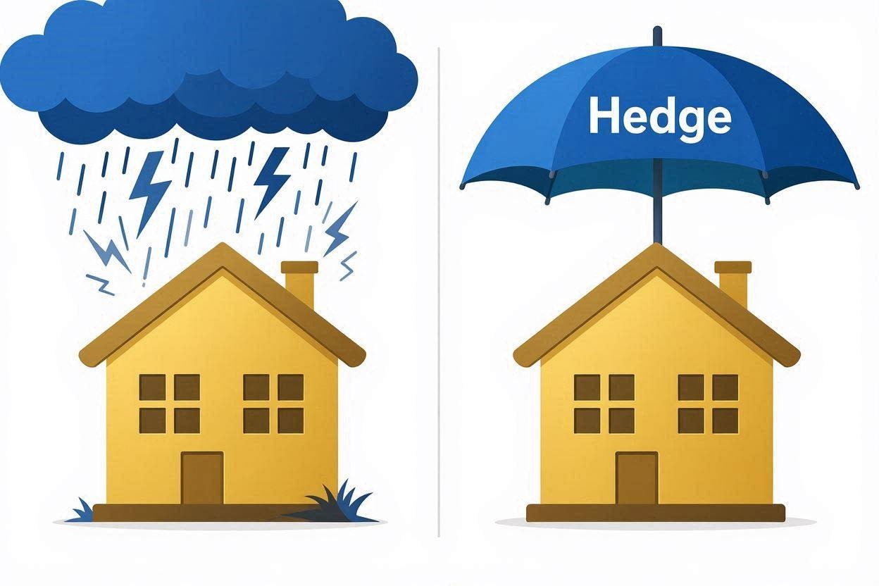 A conceptual illustration of a house being protected from a rainstorm by a symbolic umbrella, representing risk management and hedging strategies in financial markets