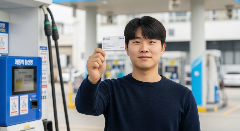 주유소 키오스크 앞에서 카드를 꺼내 들고 있는 청년