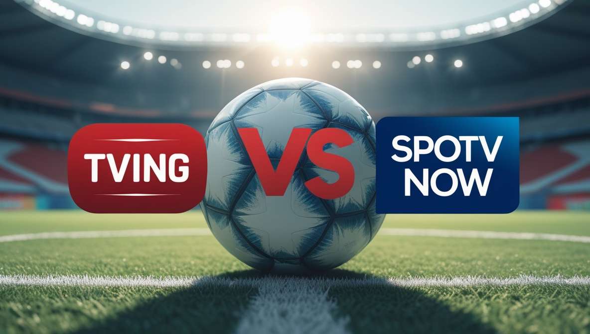 TVING 로고와 SPOTV NOW 로고가 'vs' 문구를 사이에 두고 배치된 비교 이미지. 배경에는 유로 2024 공인구가 있다