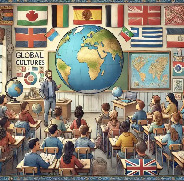 세계 여러 나라 학생들이 함께 수업을 받고 있다. 주변에는 각 나라의 국기가 걸려있고 다문화 교육의 중요성을 나타내는 이미지.
