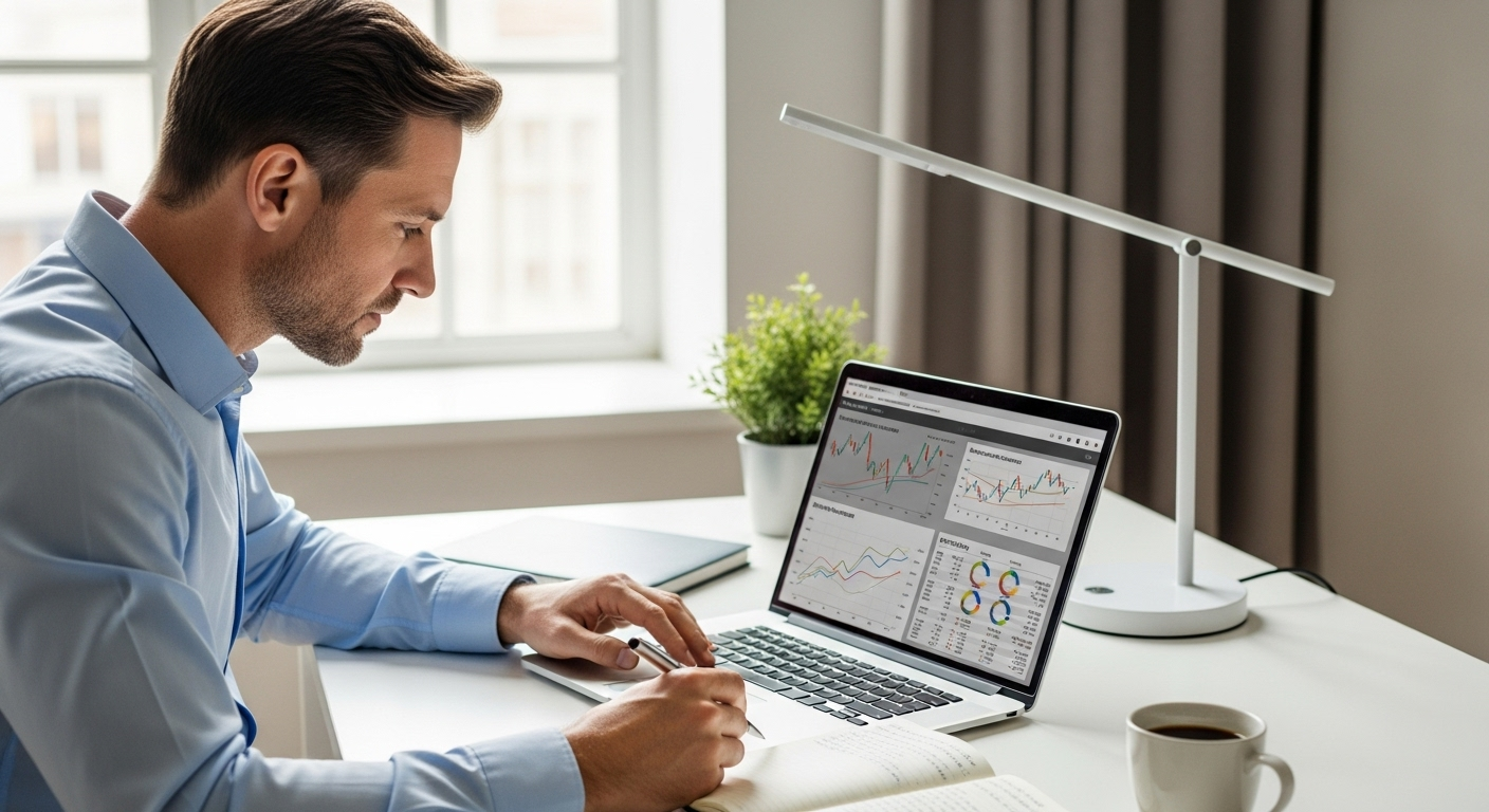 리스크 관리 차트를 보며 안정적인 투자 습관을 점검하는 투자자의 모습