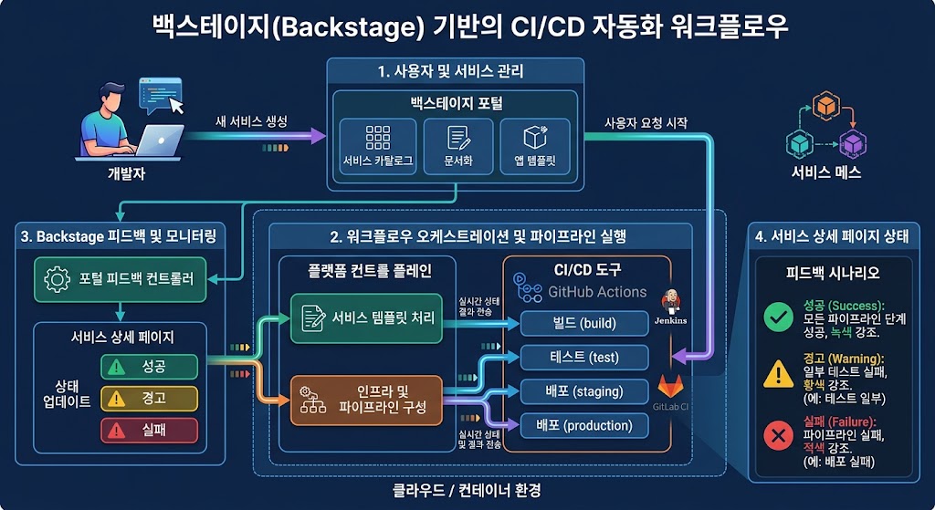 백스테이지 소프트웨어 카탈로그에서 템플릿을 선택하면 인프라 할당과 배포가 자동으로 진행되는 CI/CD 배포 워크플로우