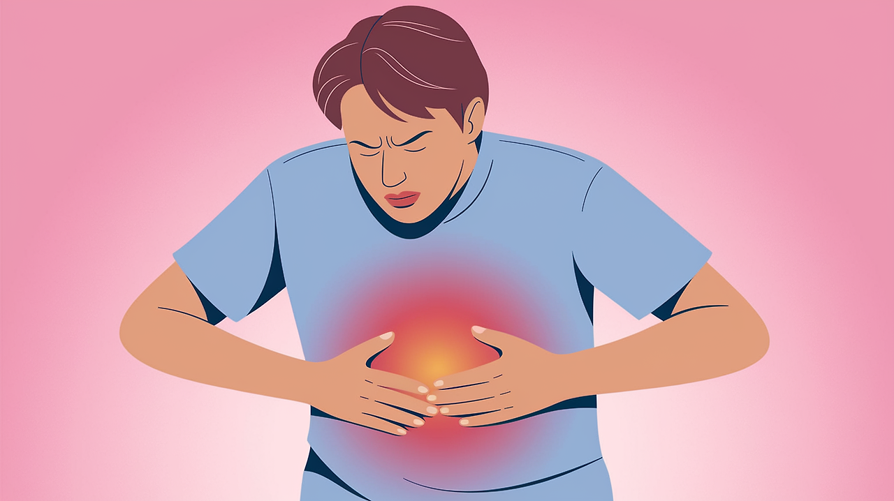 갑작스러운 명치통증 으로 괴로워 하는 모습