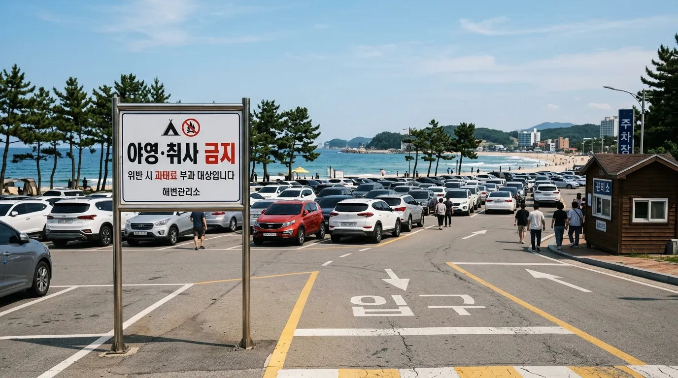 공영주차장 입구에 설치된 차박 금지 안내판과 주차된 차량들