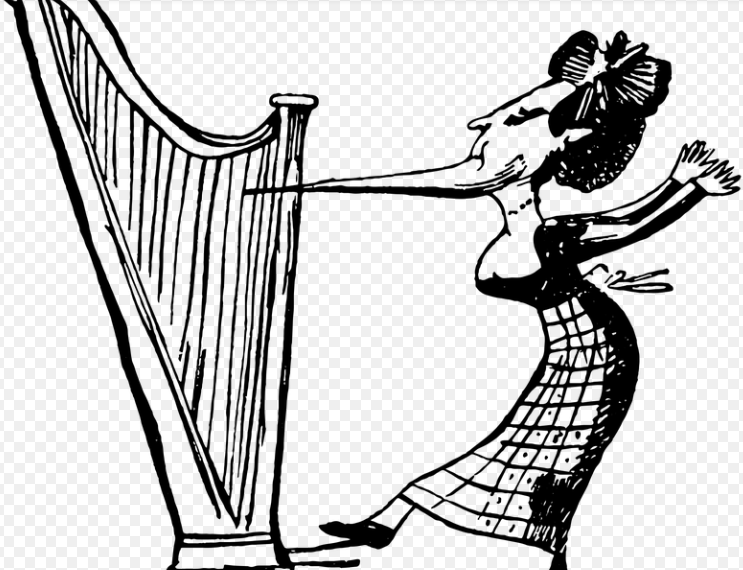 뾰족한 턱으로 하프를 연주하고 있는 여성