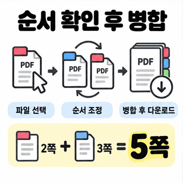 파일 선택과 순서 조정 뒤 병합본을 다운로드하는 흐름과 2쪽에 3쪽을 더하면 5쪽이 되는 예시를 보여주는 이미지