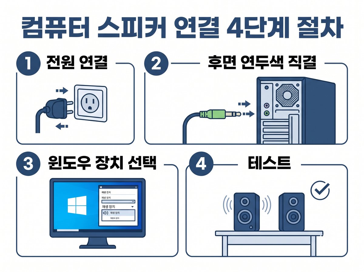 컴퓨터 스피커 연결 4단계 절차 전원 연결 후면 연두색 직결 윈도우 장치 선택 테스트
