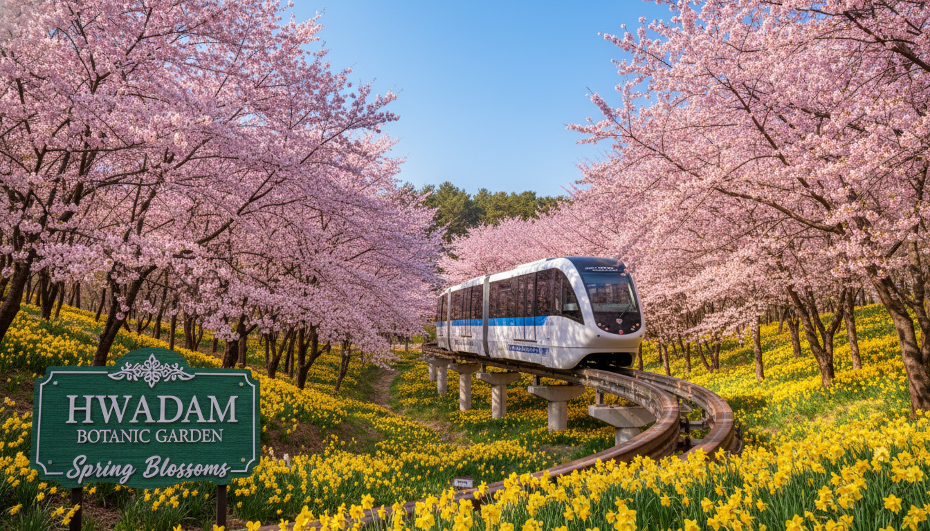 2026년 봄 벚꽃과 수선화가 만개한 화담숲을 가로지르는 모노레일 풍경