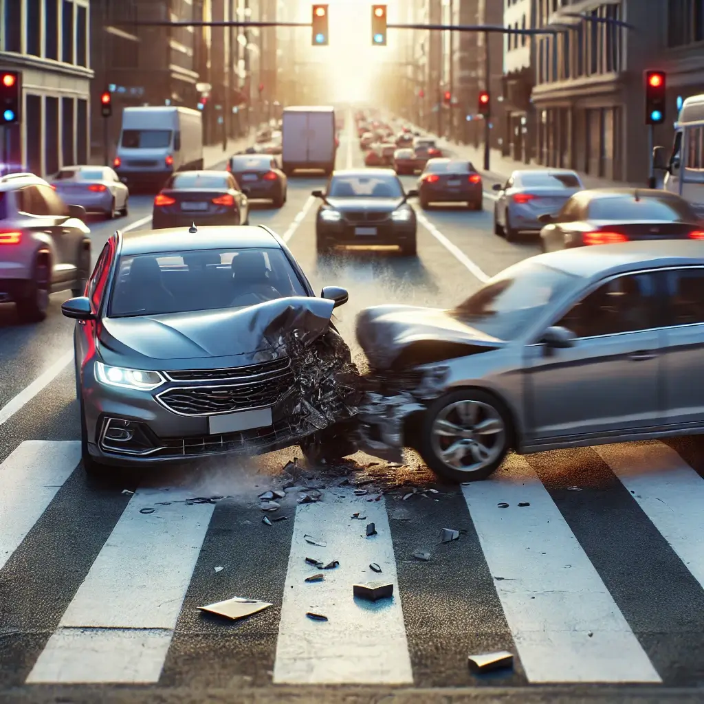 도심 도로에서 급정거로 인한 추돌 사고 장면.