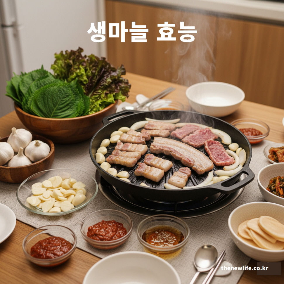 삼겹살과 함께한 생마늘 실사진 – 생마늘 효능을 과학적으로 분석한 건강 콘텐츠