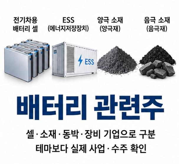 배터리 관련주와 LG에너지솔루션 삼성SDI 포스코퓨처엠 에코프로비엠 엘앤에프 SKC 피엔티 윤성에프앤씨를 분야별로 보여주는 투자 교육용 이미지