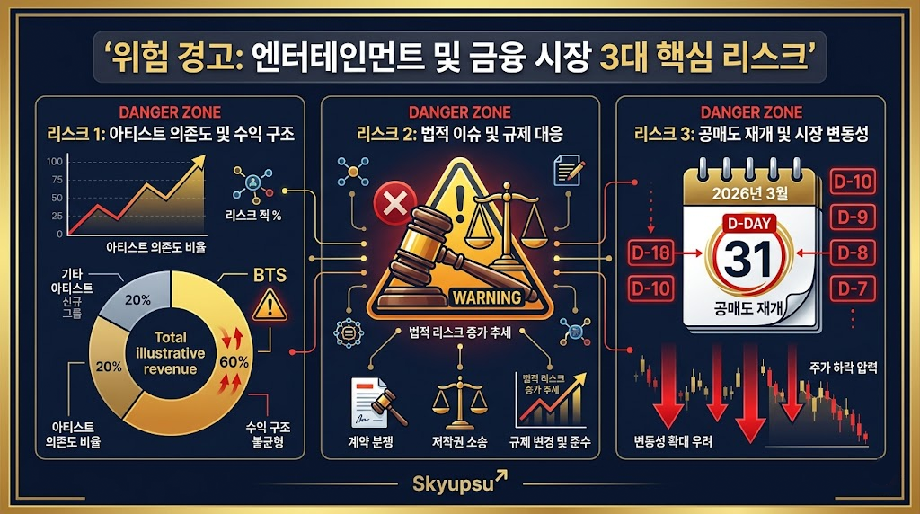 하이브 리스크 아티스트 의존도 방시혁 법적 이슈 공매도 재개 주의