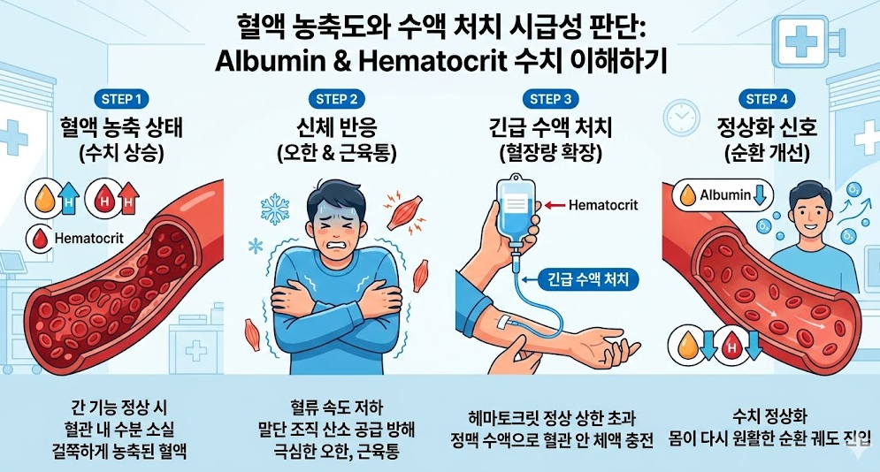 알부민과 헤마토크릿 수치로 혈액 농축과 수액 처치 시급성을 이해하는 과정 도식