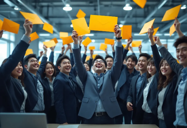 노란봉투를 치켜들며 좋아하는 근로자의 모습