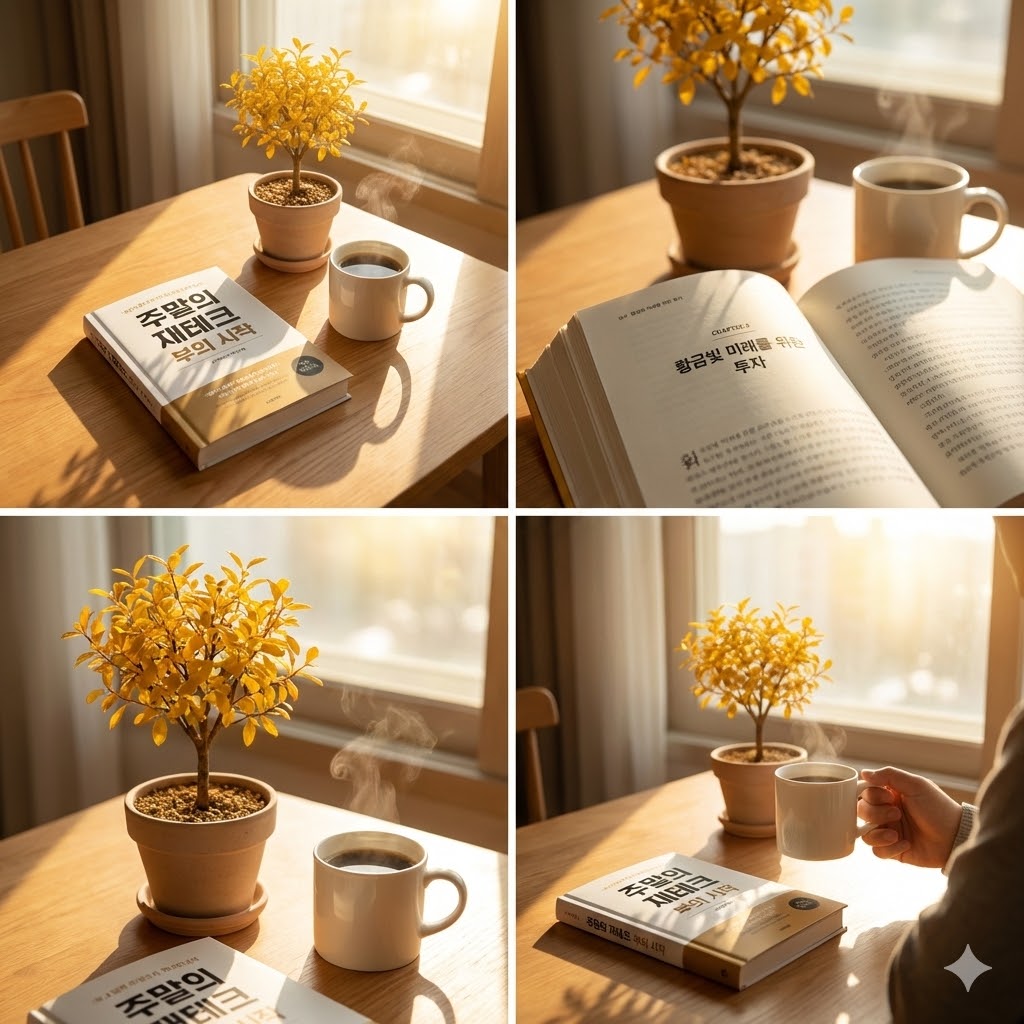 주말 아침의 평온한 햇살이 비치는 거실, 테이블 위에 놓인 경제 서적과 함께 서서히 뿌리를 내리며 자라나는 황금 나무 일러스트