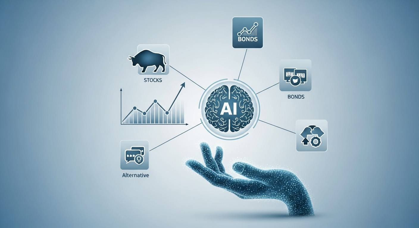 주식, 채권 등 다양한 자산군으로 분산된 포트폴리오를 AI가 관리하는 모습을 시각화한 이미지.