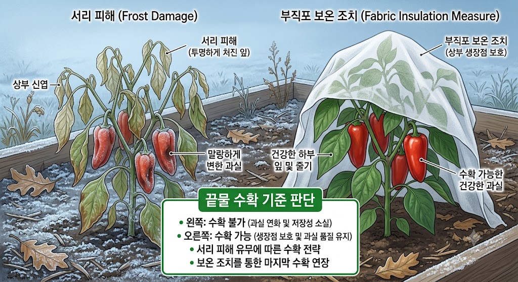 늦가을 갑작스러운 추위와 첫서리로 인해 상부 잎이 투명하게 처지고 과실이 말랑하게 변한 서리 피해 고추나무와, 부직포 보온 조치를 통해 생장점을 보호하며 끝물 수확을 준비하는 고추나무의 상태를 대조하여 보여주는 설명 삽화