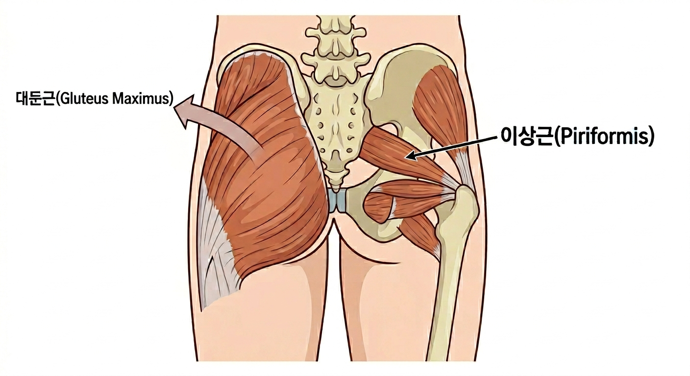 고관절 후면에 위치한 근육들(대둔근 비롯 속근육들)을 표현한 이미지