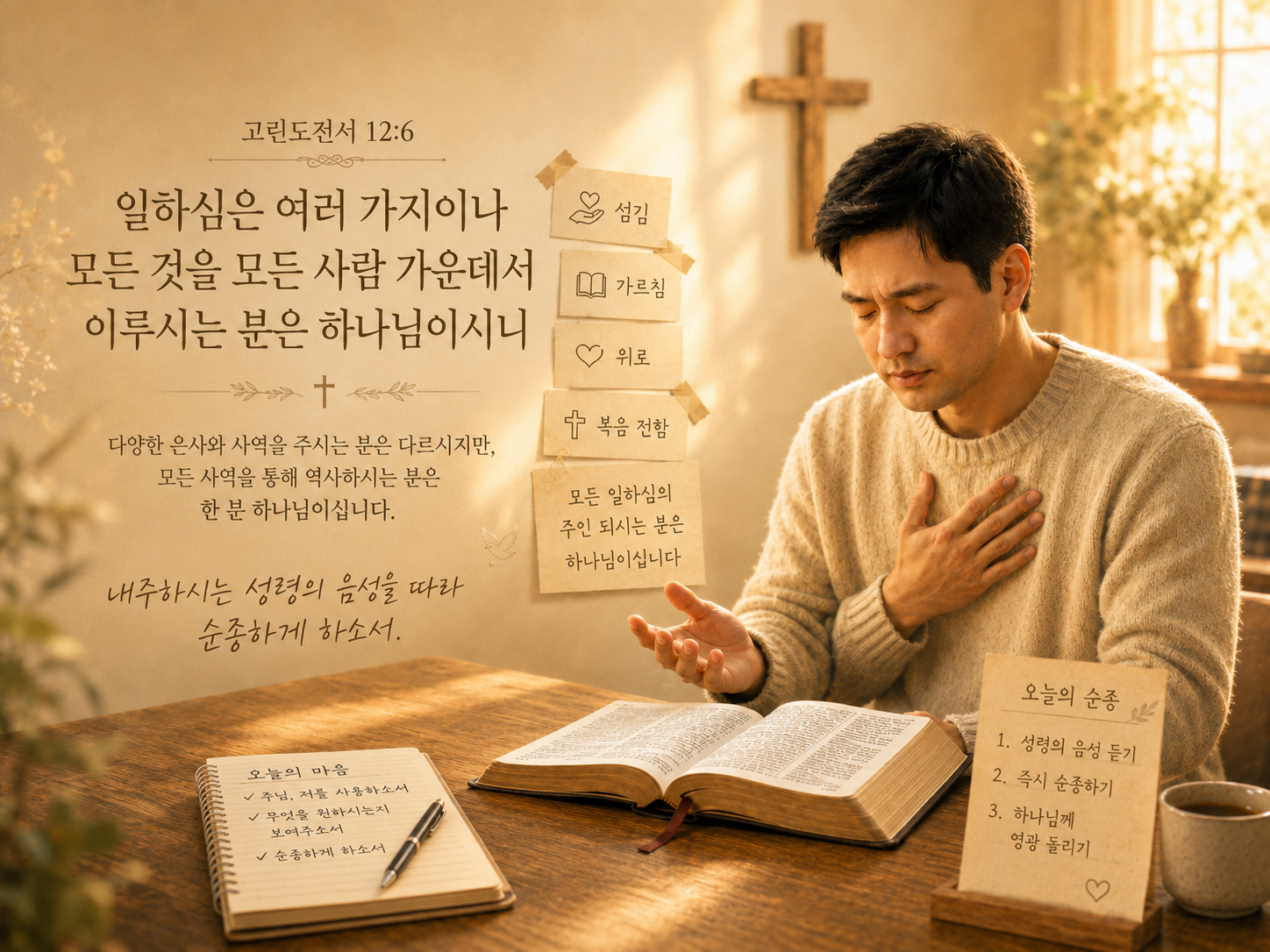 고전 12:6 말씀에서 하나님께서 각 사람에서 행하시는 것은 다르게 나타날 수 있으나 인도하시는 분은 오직 한 분 하나님이심을 기억하며 내주하시는 성령의 음성을 따라 순종하려는 시도를 하는 모습입니다.