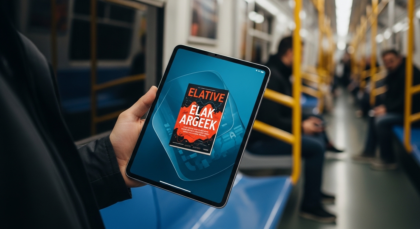 한 사람이 지하철에서 한 손으로 올도큐브 iPlay 50 Mini Pro를 들고 전자책을 읽고 있는 모습. 휴대성을 강조하는 이미지.