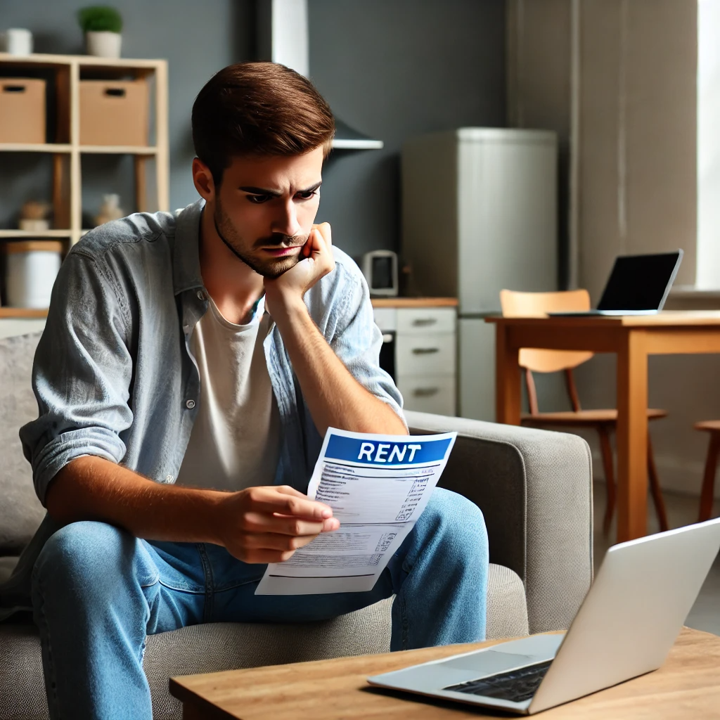 청구서를 들고 소파에 앉아 고민하는 청년