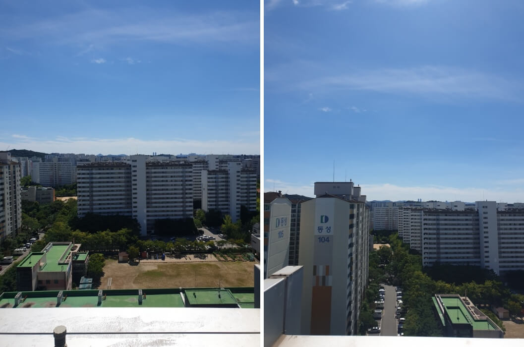 10~24호실에서 볼 수 있는 등양초등학교와 동성아파트 모습 사진