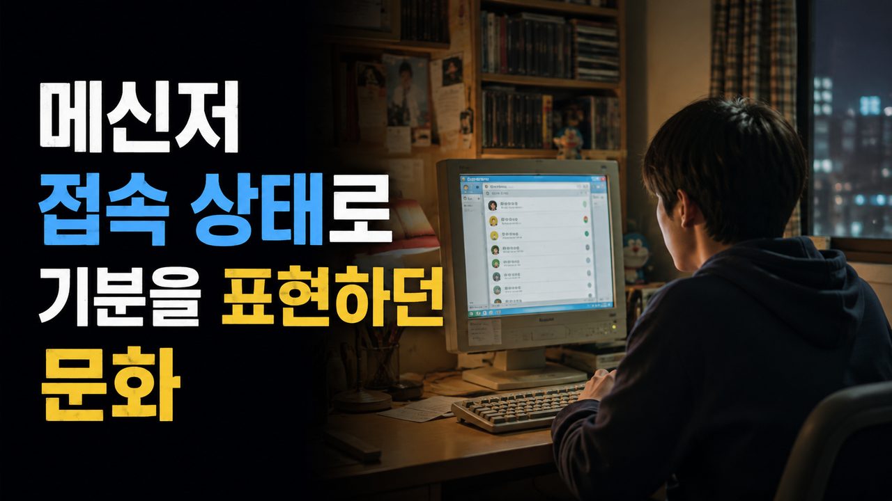 오래된 데스크톱 컴퓨터 앞에서 메신저 친구 목록의 여러 접속 상태 표시를 바라보는 장면