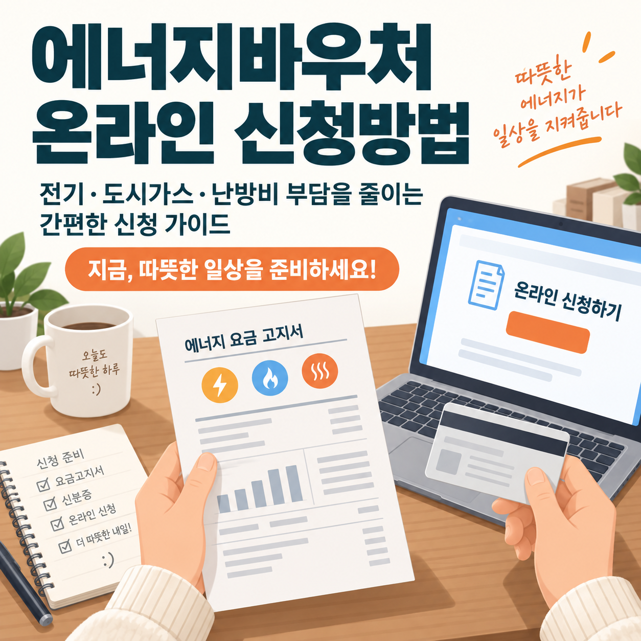 요금 고지서와 신분증을 준비하고 노트북으로 에너지바우처 신청을 살펴보는 모습